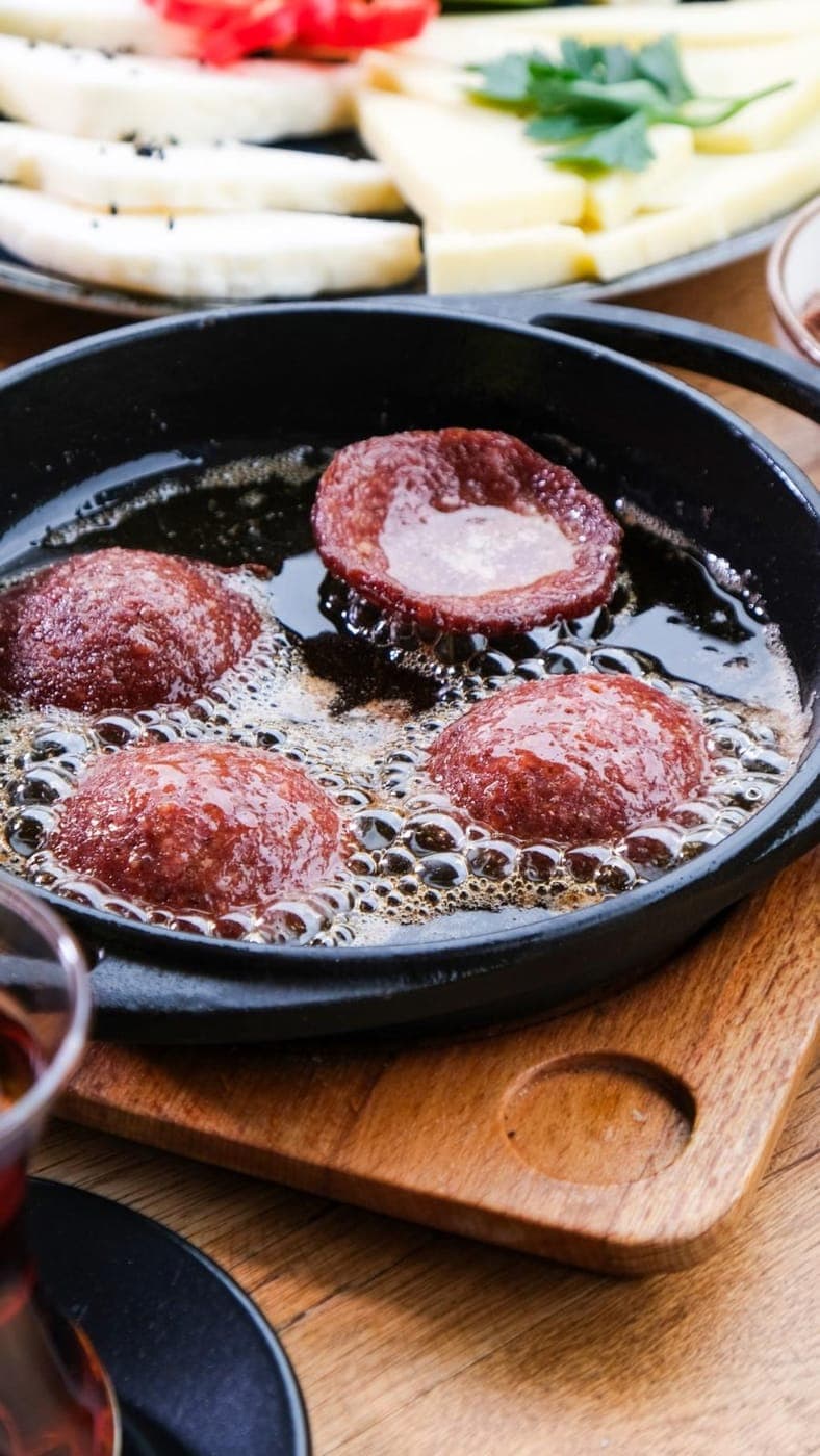 Spicy sausage sizzling in a cast-iron pan